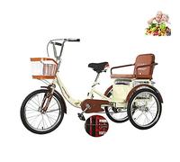 Triciclo per adulti da 20 pollici pieghevole per biciclette a 3 ruote Triciclo da donna con sedile posteriore + cestino, il sedile posteriore può portare due bambini(Color:beige double chain)