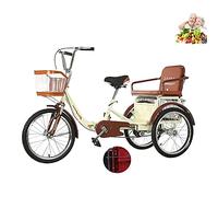 Triciclo per adulti da 20 pollici pieghevole per biciclette a 3 ruote Triciclo da donna con sedile posteriore + cestino, il sedile posteriore può portare due bambini(Color:beige single chain)
