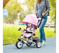 Triciclo per Bambini 1-5 Anni con Maniglione e Tettuccio Regolabile, 102x49x102 cm, Bianco e Rosa