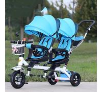 Triciclo per bambini, Triciclo gemellare quattro in uno per bambini, bicicletta a pedali a due posti, passeggino con parasole, maniglia posteriore rimovibile/pedali retrattili(Blue)