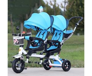 Triciclo per bambini, Triciclo gemellare quattro in uno per bambini, bicicletta a pedali a due posti, passeggino con parasole, maniglia posteriore rimovibile/pedali retrattili(Blue)