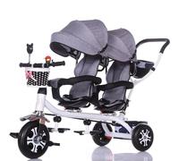 Triciclo per Bimbo, con maniglie a spinta e baldacchino rimovibile, imbracatura di sicurezza, cestino, perfetto per due bambini di età compresa tra 1 e 7 anni, oltre 1 anno di età.