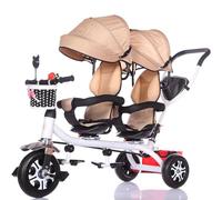 Triciclo per Bimbo, con maniglie a spinta e baldacchino rimovibile, imbracatura di sicurezza, cestino, perfetto per due bambini di età compresa tra 1 e 7 anni, oltre 1 anno di età.