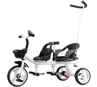 Triciclo tandem a due posti, triciclo a 3 ruote con ruote in schiuma, passeggino a spinta con asta di spinta, sedile posteriore con cintura e bracciolo, freni a pedale sulle ruote posteriori
