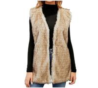 TRIGLICOLEUM Gilet lungo da donna in pelliccia sintetica elegante senza maniche, giacca invernale spessa e calda trapuntata in pelliccia sintetica, cachi, m