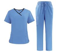 TRIGLICOLEUM Set di scrubs da donna con casacca + pantaloni a maniche corte, scollo a V, abbigliamento da lavoro, ospedale, divise mediche per la cura degli anziani, Celeste., s