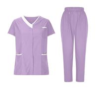 TRIGLICOLEUM Set di scrubs unisex con casacca e pantaloni a maniche corte, scollo a V, abbigliamento da lavoro, ospedale, divise mediche per la cura degli anziani, viola., L
