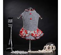 Trilly Tutti Brilli Mary Abito in Lana con Balza Fantasia Floreale e Spilla Fiocco Strass e Bottoni a Stella, Grigio, L - 1 Prodotto