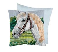 Trimits Kit per cuscino a punto croce, retro del cuscino incluso, tela prestampata, filato e ago inclusi, 40 x 40 cm (15,75 x 15,75 pollici), cavallo bianco