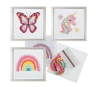 Trimits Set per punto croce, 3 pezzi, kit da ricamo contato, per principianti e tutti i livelli, completo di istruzioni e filo per decorare la casa dei bambini, 13 x 13 cm, arcobaleno, unicorno,