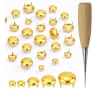 Trimming Shop Borchie rotonde dorate a cupola, 7 mm, 9 mm, 12 mm, con rebbi e strumento punteruolo, rivetti in metallo per artigianato in pelle, borse, abbigliamento, tappezzeria, kit di abbellimento