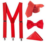 Trimming Shop - Set di Bretelle da Uomo, in Poliestere Satinato, con Papillon, Cravatta e Fazzoletto, per Abbigliamento Casual Formale, Feste, Rosso 111,76cm
