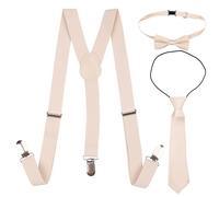 Trimming Shop - Set di bretelle per bambini con papillon, regolabile, con clip elasticizzata, unisex, a forma di Y, taglia unica, 25 mm di larghezza, 85 cm di lunghezza Beige (12-16 anni)