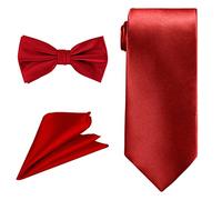Trimming Shop Set di Cravatte da Uomo, Papillon, Cravatta con Gemelli a Fazzoletto, Tinta Unita, in Raso, con Fazzoletto, per Abbigliamento Casual e Formale, riunioni di Lavoro, Rosso Taglia Unica
