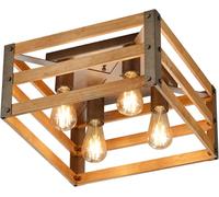 Trio, Plafoniera, Khan 4xE27, max.28,0 W Legno naturale, color legno, Finitura: Metallo, nichel antico L:40,0cm, L:40,0cm, A:20,0cm IP20,Senza illuminante