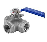 tripla valvola a sfera del tubo, Valvola a sfera a 3 vie in acciaio inossidabile, filettatura femmina da 3/4", maniglia blu a L for acqua, gasolio