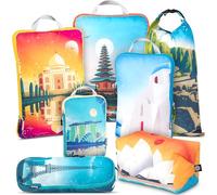 TRIPPED Travel Gear, set di 7 cubi da imballaggio grandi per bagagli da viaggio, ultraleggeri, espandibili e a compressione per vestiti, (motivo: Bucketlist)