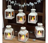 TRIROCKS 6 lanterne in metallo in stile vintage da appendere, portacandele decorativo per il tavolo, San Valentino, terrazza, per interni ed esterni, idea regalo (bianco)