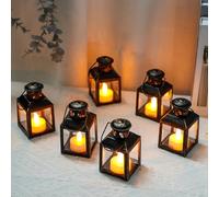 TRIROCKS 6 piccole lanterne in metallo vintage, da appendere, per la casa, portacandele, per tavolo, San Valentino, patio, interni ed esterni, regalo (nero con spazzola)