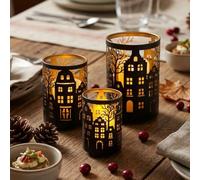 TRIROCKS Lantem - Portacandele natalizio in metallo, 13 cm, 16 cm e 19 cm, decorazione natalizia per soggiorno, cucina, tavolo, feste, patio, esterni, interni (3 pezzi, casa in bronzo)