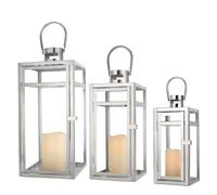 TRIROCKS Lanterna Cubica in Acciaio Inossidabile Decorativa Set di 3 Grandi, Porta Candela Appeso 48/38/30 cm con Vetro Trasparente per Casa, Giardino, Soggiorno (Argento)