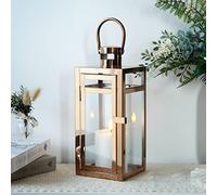 TRIROCKS Lanterna Decorativa in Acciaio Inossidabile 30 cm Alta, Portacandela in Metallo con Pannelli di Vetro Trasparente, Perfetta per Decorazioni Casa, Soggiorno, Eventi (Rame)