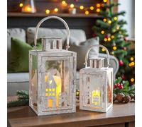 TRIROCKS Lanterna decorativa per candele 19,5 & 27,5 cm Portacandele in metallo vintage Set di 2 lanterne da esterno per giardino, soggiorno, interni ed esterni (grigio con spazzola d'oro)