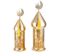 TRIROCKS Ramadan Set di 2 lanterne elettriche da 29 cm e 36 cm in oro con timer, lanterne decorative vintage in metallo per decorazione interna ed esterna, perfetto regalo EID Mubarak