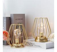 TRIROCKS Set di 2 Lampade da Tavolo in Metallo a Batteria 17 cm Alte, Mini Lanterna a Forma di Gabbia con Lampada LED Edison per Patio, Giardino, Matrimonio (Oro)