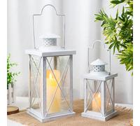 TRIROCKS Set di 2 lanterne decorative a candela da 40 e 28 cm di altezza, lanterna pensile vintage in metallo portacandele con vetro temperato, per interni ed esterni, decorazione per la casa, feste