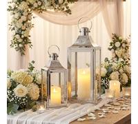 TRIROCKS Set di 2 lanterne decorative in acciaio inox da 43,2 cm e 30,5 cm di altezza con vetro temperato per soggiorno, festa di nozze, regali per interni ed esterni (argento)