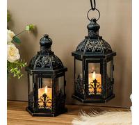 TRIROCKS Set di 2 lanterne decorative in metallo nero, perfette per giardino, cortile, patio
