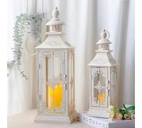 TRIROCKS Set di 2 lanterne decorative vintage in metallo con vetro temperato per interni ed esterni, decorazione per la casa, feste, giardino, matrimoni (bianco con spazzola dorata) 54,5 cm e 40,6 cm