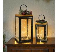 TRIROCKS Set di 2 lanterne grandi diacorative moderne in metallo nero uragano portacandele per esterni e interni vintage da pavimento per decorare la casa, mantello, patio, portico, giardino, tavolo