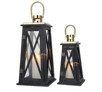 TRIROCKS Set di 2 Lanterne in Legno Stile Rustico 55 cm & 40 cm Alte, Portacandele Decorativi con Vetro Temperato per Decorazioni Casa, Natale, Matrimonio, Esterni (Trapezoidale Nera)