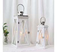 TRIROCKS Set di 2 Lanterne in Legno Stile Rustico 55 cm e 40 cm Alte, Porta Candele in Metallo con Vetro Temperato per Patio, Giardino, Matrimoni, Eventi (Trapezio)