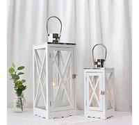 TRIROCKS Set di 2 Lanterne in Legno Stile Rustico 63 cm e 46 cm Alte, Porta Candele in Metallo con Vetro Temperato per Patio, Giardino, Matrimoni, Eventi (Bianco Rettangolare)