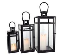 TRIROCKS Set di 3 Lanterne Decorative in Metallo, Grande Porta Candela Appeso per Esterno 48/38/30 cm con Vetro Temperato per Decorazioni Casa, Giardino (Nero Opaco)