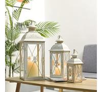 TRIROCKS Set di 3 Lanterne Decorative per Candele 49/34/24 cm Alte, Porta Candele in Metallo con Vetro Temperato per Soggiorno, Giardino, Patio, Eventi (Bianche)