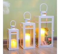 TRIROCKS Set di 3 Lanterne Metalliche Decorative per Candele 48/38/30 cm con Pannelli di Vetro Temperato, Porta Candele Appese per Decorazioni Esterne e Feste (Bianco Opaco)