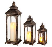 TRIROCKS Set di 3 lanterne per candele vintage da 25/35/40 cm di altezza, decorative per esterni, portacandele in metallo con vetro temperato, per casa, soggiorno, giardino, cortile, eventi, interni