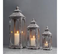 TRIROCKS Set di 3 Lanterne Vintage per Candele 26/35/50 cm Alte, Supporto in Metallo Decorativo con Vetro Temperato per Casa, Giardino, Eventi Interno Esterno (Grigio Cemento)