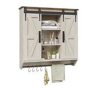 Trironsun Armadietto per medicinali con 2 ante scorrevoli e 3 ripiani, in legno rustico, con mensola regolabile, barra porta asciugamani, da parete, per bagno, armadio da parete (bianco antico, 78 cm)