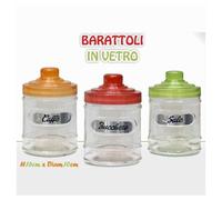 TRIS BARATTOLI 3 CONTENITORI CAFFÈ ZUCCHERO SALE VETRO TAPPO COLORATO