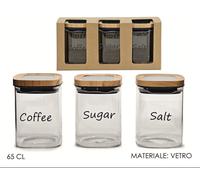 TRIS BARATTOLI SALE ZUCCHERO CAFFE BARATTOLO VETRO TAPPO IN LEGNO 650GR