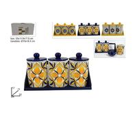 TRIS BARATTOLI SET 3 PZ BARATTOLI CON SUPPORTO CERAMICA DECORO FANTASIA MAIOLICA