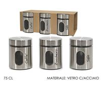 TRIS BARATTOLI SET SALE ZUCCHERO CAFFE BARATTOLO IN VETRO E ACCIAIO 750ML