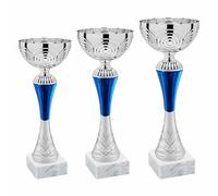 Tris Coppe Trofei Personalizzate | 3 Premiazioni ABS blu/silver con Targhetta Inclusa per 1º-2º-3º posto - Ideali per Sport, Eventi, Fantacalcio
