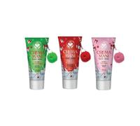 TRIS CREMA MANI Set Regalo Natalizio, 3 Creme Mani 50ml, Fragranze Fiore di Ciliegio, Fragola e Rosa Vintage, con Pom Pom Decorativi