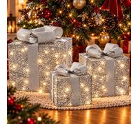 Tris Pacchi Regalo Luminosi Argento Natale LED Bianco Caldo Decorazioni Natalizi